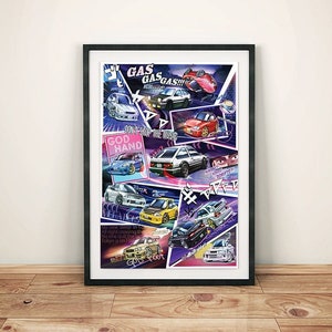 Może przedstawiać: Kolorowa ilustracja r&oacute;żnych samochod&oacute;w, w tym białego Hondy Civica, ż&oacute;łtego Hondy Civica, czerwonego Toyoty AE86 i niebieskiego Nissana Skyline. Ilustracja jest umieszczona na tle miasta w stylu komiksowym z napisami "GAS GAS GAS!!!" i "DON'T STOP THE MUSIC" dużymi, pogrubionymi literami.
