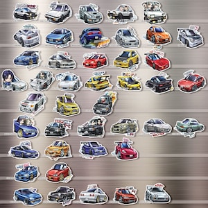 Könnte beinhalten: Eine Sammlung von 36 bunten Cartoon-Autoaufklebern mit verschiedenen Marken und Modellen. Die Aufkleber sind auf weißem Hintergrund gedruckt und zeigen verschiedene Figuren und Texte.