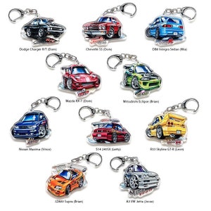 Fast and the Furious FnF 1 Movie Acrylic Charm Keychain Full Listing Set Supra S14 240SX RX7 Chevelle Charger GTR Jetta Eclipse TypeR