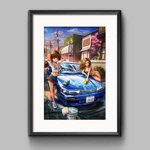 Initial D Impact Blue - Mako och Sayuki Sil80 Biltvätt Manga Bilaffisch Tryck Eurobeat Touge Väggkonst Fanart Anime Digital Illustration bild 6