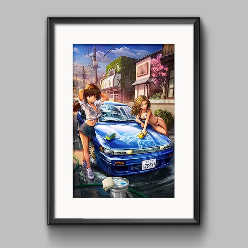 Initial D Impact Blue - Mako och Sayuki Sil80 Biltvätt Manga Bilaffisch Tryck Eurobeat Touge Väggkonst Fanart Anime Digital Illustration bild 6