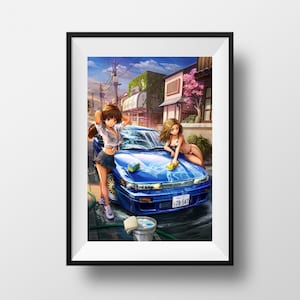 Initial D Impact Blue - Mako and Sayuki Sil80 Car Wash Manga Car Poster Print Eurobeat Touge Wall Art Fanart Anime Digital Illustration