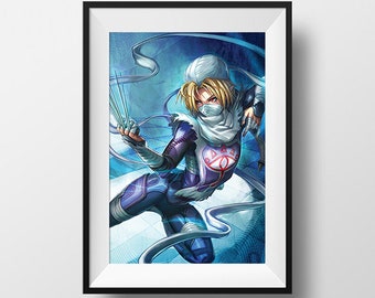 May include: A digital illustration of a female character with blonde hair, wearing a blue and white outfit with a white mask. She is holding a weapon and is surrounded by blue and white ribbons.