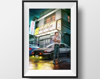 May include: A digital illustration of a young man standing in front of a silver car with a Japanese storefront behind him. The storefront has a yellow sign with Japanese text that reads "豆腐屋" which translates to "Tofu Shop". The man is wearing a white t-shirt, blue jeans, and black trainers. The car is a classic Japanese sports car with a black bumper and black wheels.