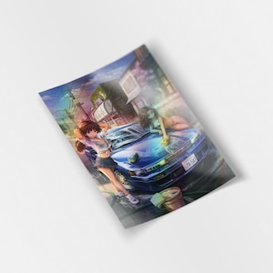 Initial D Impact Blue - Mako och Sayuki Sil80 Biltvätt Manga Bilaffisch Tryck Eurobeat Touge Väggkonst Fanart Anime Digital Illustration 4x6" Holo sticker