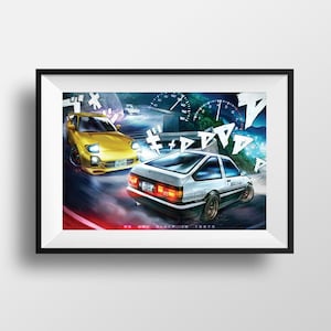 May include: An illustration of two Japanese sports cars racing on a city street at night. The cars are a white Toyota AE86 and a yellow Mazda RX-7. The image includes Japanese text and speedometers. The text at the bottom of the image reads "No one sleeps in Tokyo."