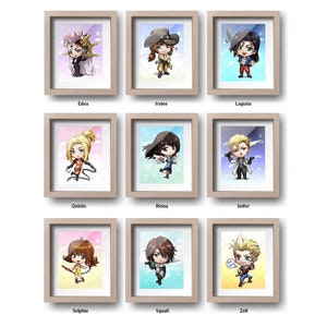 FF8 personnage Chibi mignon, mini tirages liste principale de la taille d'une carte postale, 9 pièces RPG inspiré du jeu, fan art, illustration, décoration de la maison