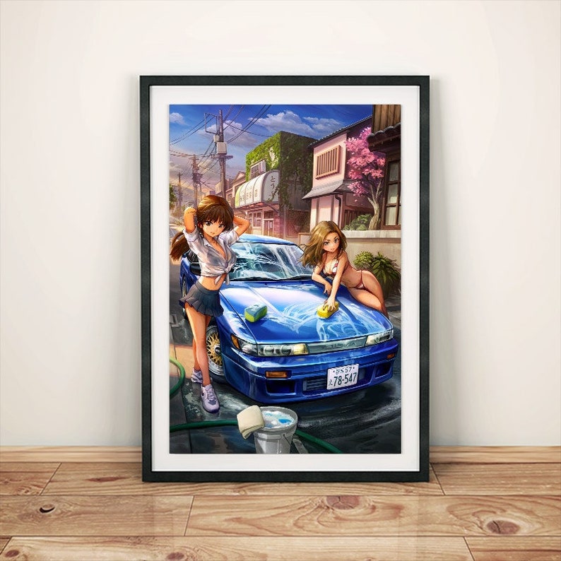 Initial D Impact Blue - Mako och Sayuki Sil80 Biltvätt Manga Bilaffisch Tryck Eurobeat Touge Väggkonst Fanart Anime Digital Illustration bild 4
