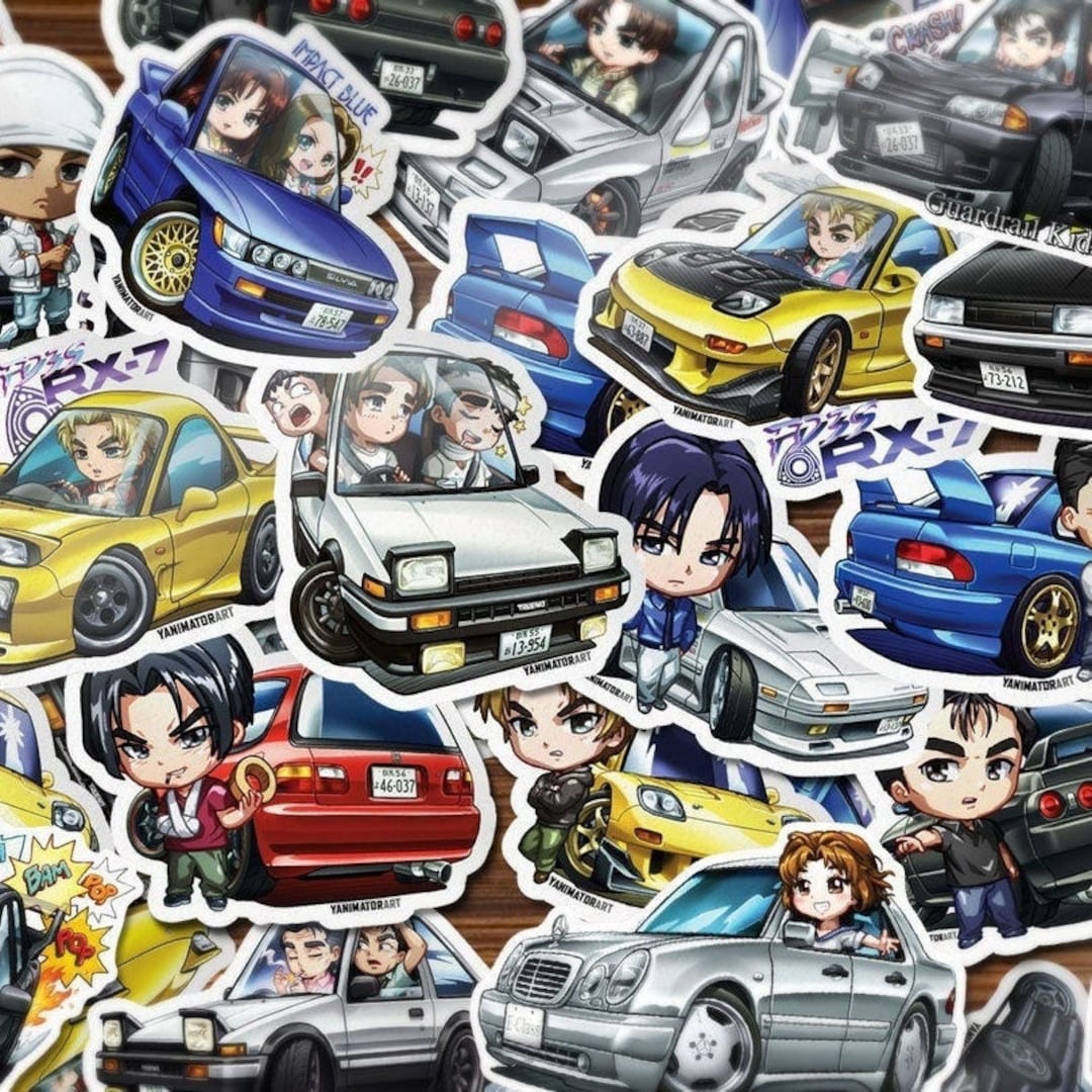 Lexica - Cartoon JDM car , sticker, initial d anime style, solid background  color