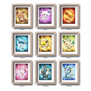 Eeveelutions Eevee Art Print Mini Chibi Prints Espeon Flareon Glacon Jolteon Leafeon Sylveon Umbreon Vaporeon Video Game Fan Art Decor