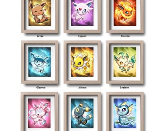 Eeveelutions Eevee Art Print mini-chibiprints Espeon Flareon Glacon Jolteon Leafeon Sylveon Umbreon Vaporeon videospel fanart decor