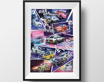 Initial D Stage 4 Gas Gas Gas Manga Styled Car Poster Print AE86 Miata RX7 GTR EVO Eurobeat Wall Art Fanart Decor Anime Digital Illustration