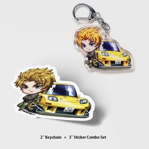 May include: A 2-inch keychain and a 3-inch sticker featuring a cartoon character with yellow hair standing next to a yellow car. The keychain and sticker are both printed with the text "#63-887".
