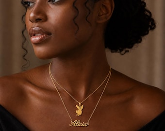 Double Layer Personalized Bunny Necklace | 18K Gold Plated Stainless Steel Name Necklace | Custom Layered Necklace for Women | Bunny Pendant