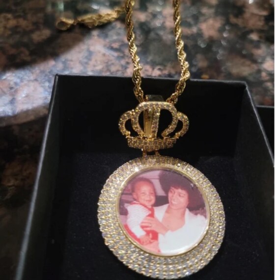 Custom CZ Crown Photo Pendant Necklace - 18k Real Gold-Plated Stainless Steel Personalized Picture Necklace