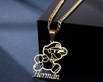 Collar con nombre personalizado de acero inoxidable chapado en oro de 18 quilates inspirado en un personaje: regalo de joyería gamer personalizado