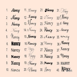 Puede incluir: Una imagen digital que muestra 40 variaciones diferentes del nombre "Nancy" escrito en letra cursiva. El nombre est&aacute; escrito en tinta negra sobre un fondo blanco. Los n&uacute;meros del 1 al 40 est&aacute;n listados a la izquierda de cada nombre.