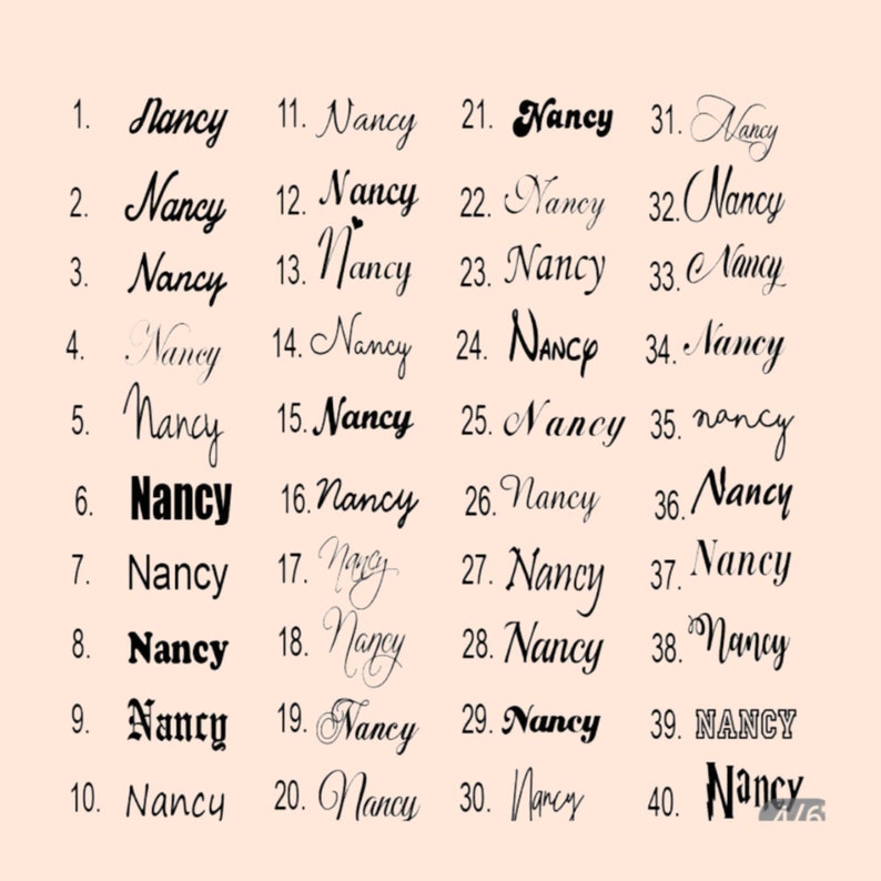 Puede incluir: Una imagen digital que muestra 40 variaciones diferentes del nombre "Nancy" escrito en letra cursiva. El nombre est&aacute; escrito en tinta negra sobre un fondo blanco. Los n&uacute;meros del 1 al 40 est&aacute;n listados a la izquierda de cada nombre.