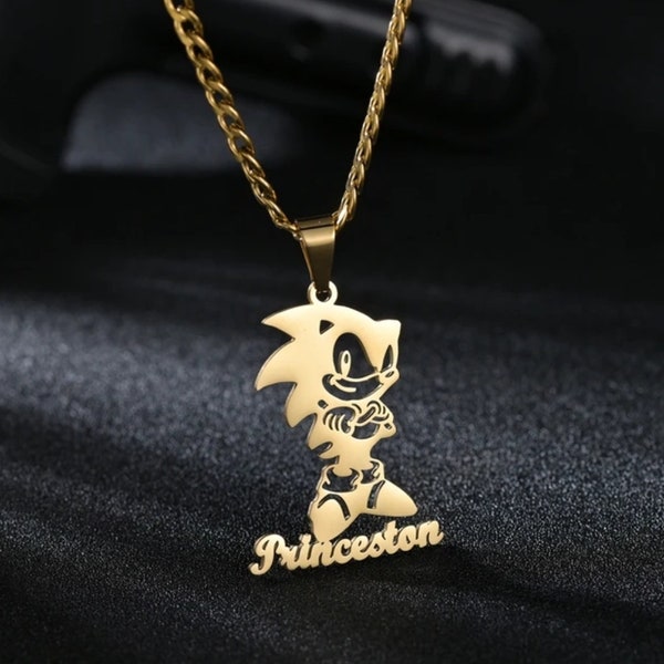 Speed into Style with Our Custom 18k Gold-Plated Sonic Pendant Personalized Name Necklace!