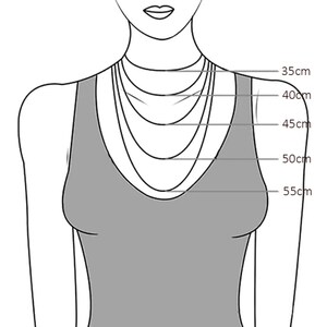 May include: Diagram showing different necklace lengths on a person's neck. The lengths are marked in centimetres: 35cm, 40cm, 45cm, 50cm, and 55cm.
