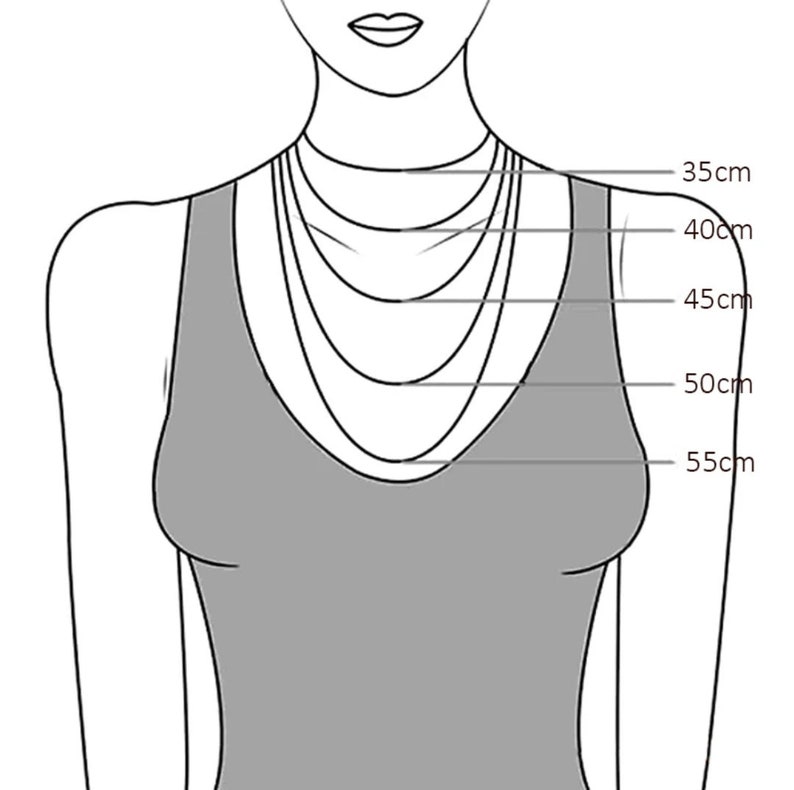 May include: Diagram showing different necklace lengths on a person's neck. The lengths are marked in centimetres: 35cm, 40cm, 45cm, 50cm, and 55cm.