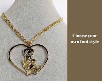 Custom Betty Boop Heart Pendant Necklace: 18k Gold-Plated Stainless Steel