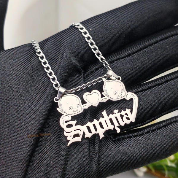 Personalized Vintage Doll Name Necklace | Gold Plated Stainless Steel Custom Name Jewelry | Cute Cartoon Inspired Necklace for Women/Girls