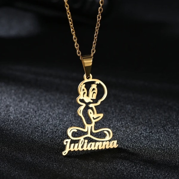 Tweet Your Style with Our Custom 18k Gold-Plated Tweety Bird Pendant Personalized Name Necklace!