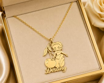 Personalized Betty Boop Cherry Name Necklace, Custom 18k Gold-Plated Stainless Steel Necklace, Betty Boop Jewelry, Pendant Gift For Women.