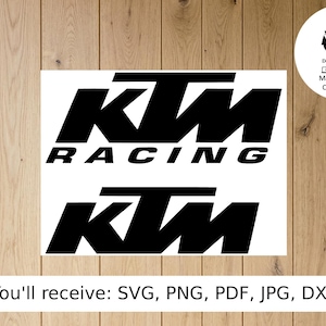 May include: Black and white KTM Racing logo design. The image includes the KTM logo and the word "RACING" in a bold font. The bottom of the image includes the text "You'll receive: SVG, PNG, PDF, JPG, DXF".