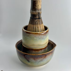 Handmade ceramic matcha tea set, toasted sage spectrum