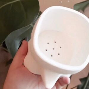May include: White ceramic planter with a unique shape and drainage holes. The planter has a rounded base and a wide, open top.