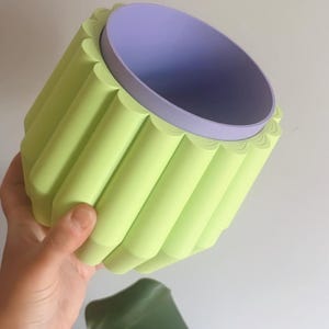 May include: A lime green planter with a scalloped exterior and a lavender interior. The cylindrical container is held at an angle, showcasing its contrasting colours and unique design. The planter is suitable for indoor or outdoor use.