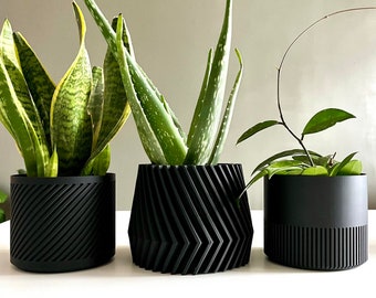 Geometric plant pot set of three in black, white, wood or olive green | 3 4 6 inch planters | 3D printed | Sustainable