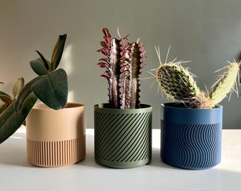 Earth-Tone Element pot set of three in wood, olive green and mystic Blue | 4 inch planters | 3D printed