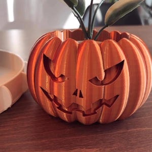 Peut inclure: Un pot de fleurs en forme de citrouille orange métallique imprimé en 3D, avec un visage de jack-o'-lantern sculpté comprenant des yeux triangulaires, un petit nez triangulaire et une bouche dentelée. Une petite plante verte est placée dedans.