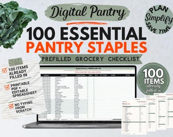 100 Essential Pantry Staples Checklist | Prefilled Grocery List + Editable Excel Spreadsheet