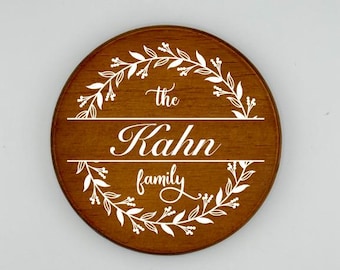 Personalized Floral Crest Wooden Coaster Set: Family Name Gift