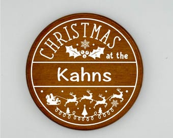 Personalized Christmas Family Crest Wooden Coaster Set: Family Name Gift