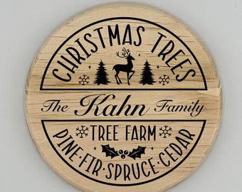 Personalized Christmas Tree Family Crest Wooden Coaster Set: Family Name Gift