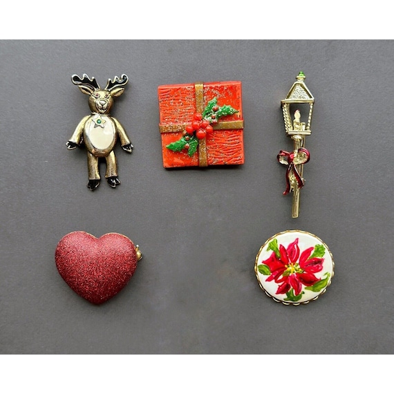 Vintage Enamel Poinsettia, Heart, Deer, Gift Chris