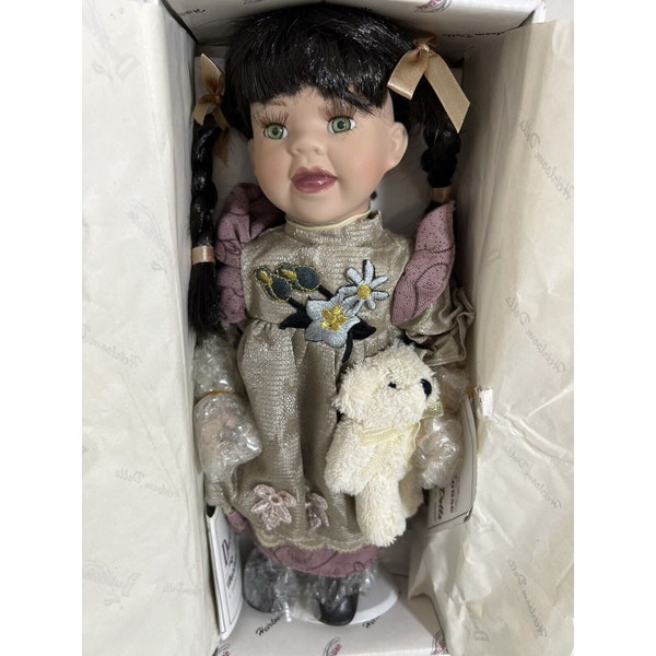 Duck House Heirloom Doll Joelle and Teddy Bear D12-7040 Green Eyes 12 in