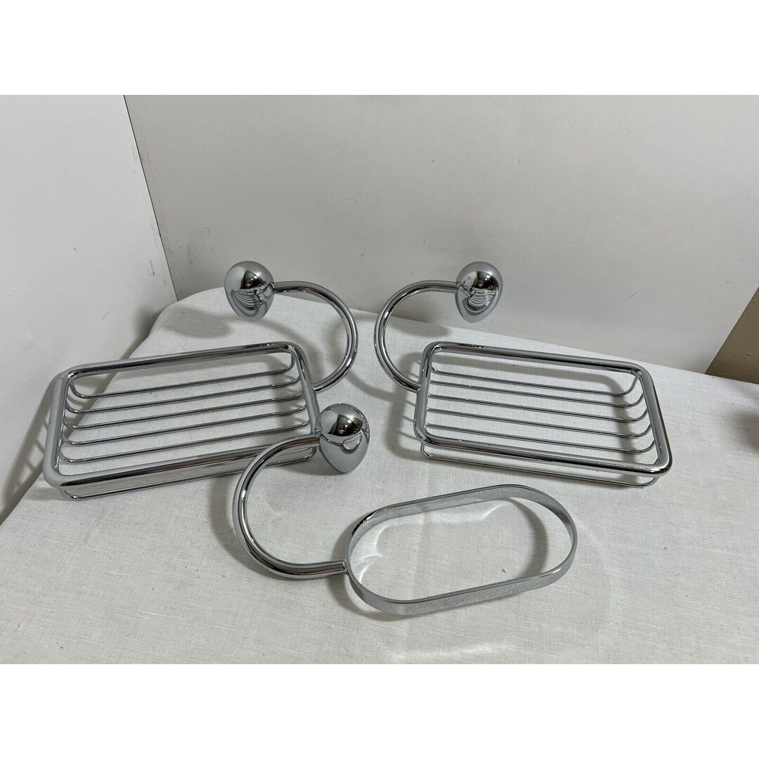 Vintage Unique Set of 3 Wall Mounted Chrome Wire Shower Basket Shelf