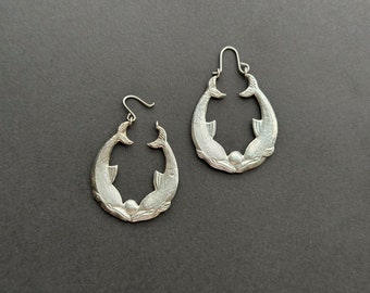 Silver Jewelry Set - Dangle Drop Dolphin Shape Earrings And Silver Ring Sz. 6