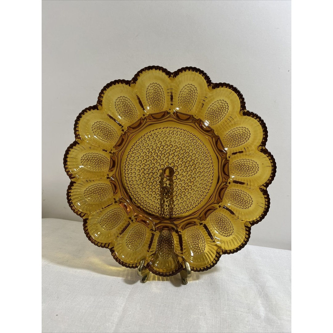 Indiana Carnival Glass Deviled Egg Dish Plate Iridescent Amber Hobnail