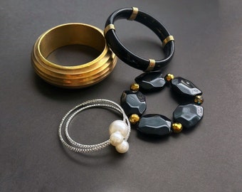 Pulsera Vintage Rhinestones, pulsera elástica, pulsera negra dorada 4 piezas