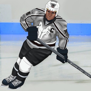 May include: A digital illustration of a hockey player wearing a silver jersey with a wolf emblem, black pants, and a white helmet with the number 36. The player holds a hockey stick with the text BACKWATER STUDIOS - KIRSTEN printed on the shaft.