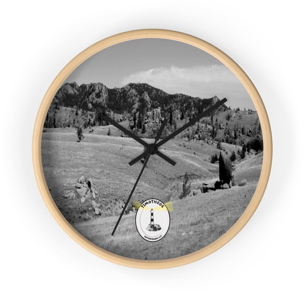 Custom Wall Clock Featuring A Beautiful B W Photograph of a Wyoming ...