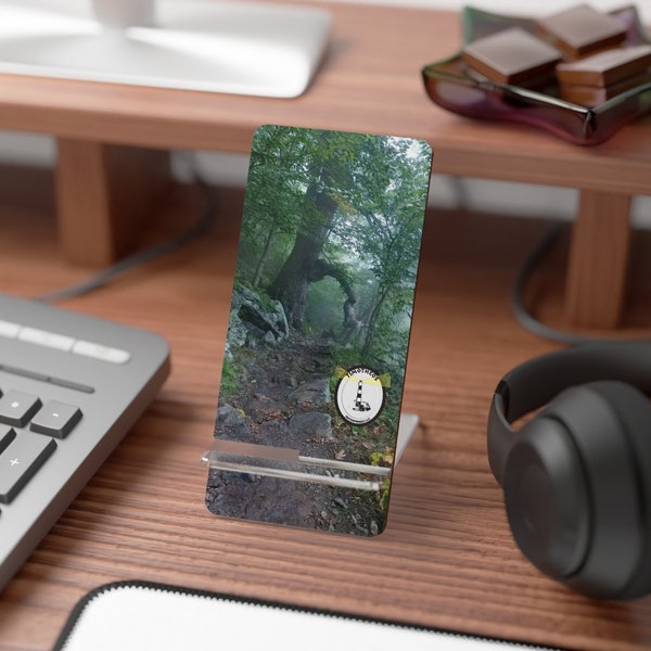 Mobile Display Stand for Smartphones Featuring A Photograph of A Massive Tree Arched Over A Hiking Trail in Fog and Mist!