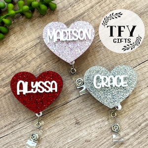 Personalized Heart Badge Reel, Nurse Gift, Teacher Badge Reel, Valentine&#39;s Badge Reel, Glitter Heart Badge Holder, Interchangeable ID Holder
